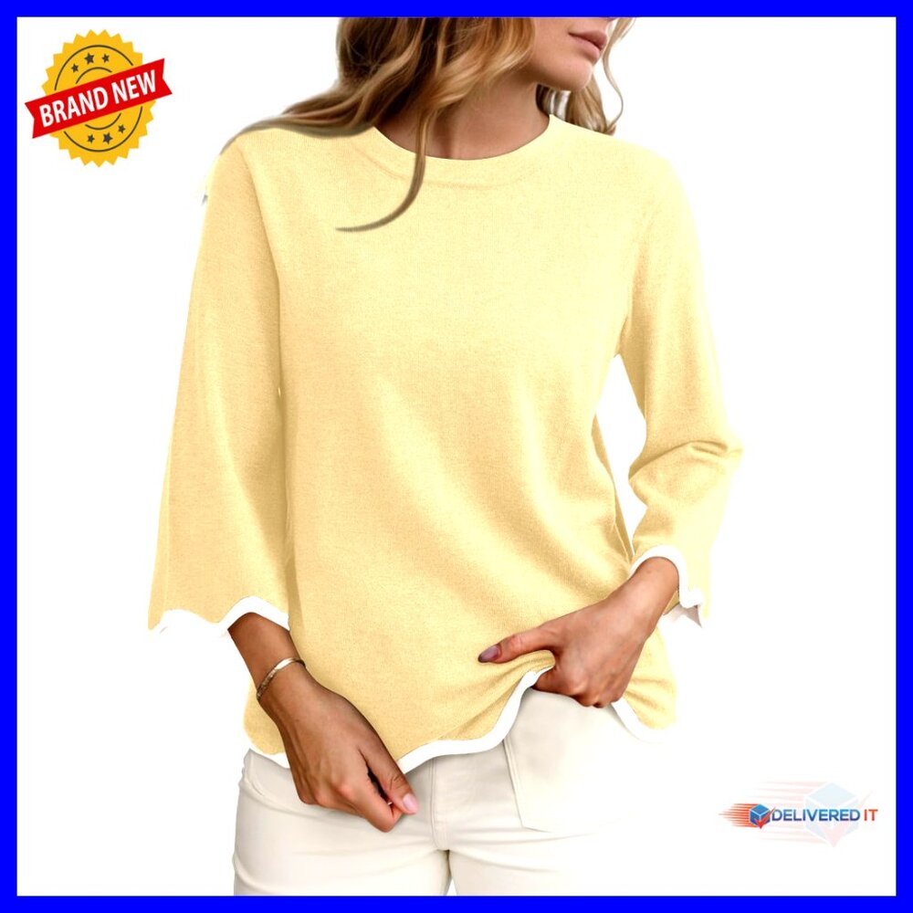 Wool Blend Sweater Relaxed Fit Scalloped Trim 3/4 Sleeve Versatile Layering Top